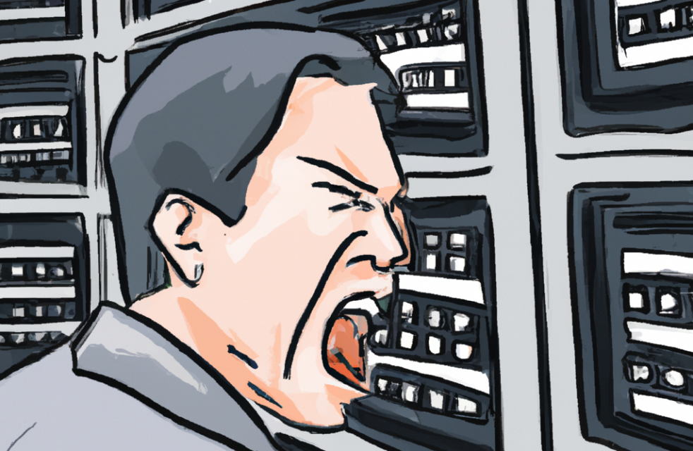 An illustration of a man yelling at racks of servers